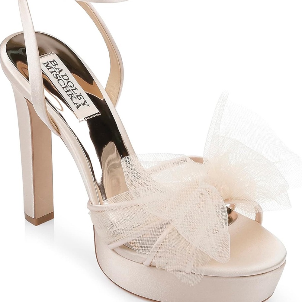 Badgley Mischka Sophie Satin Cream Heels with Bow